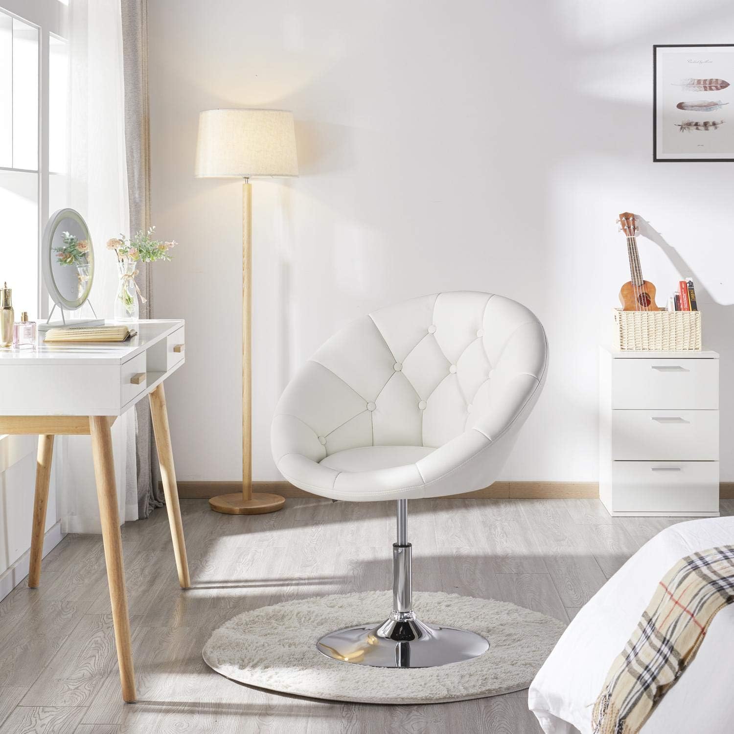 YAHEETECH Adjustable Modern Round Tufted Back Chair Tilt Swivel Chair Vanity Chair Barstool Lounge Pub Bar,White: Furniture & Decor