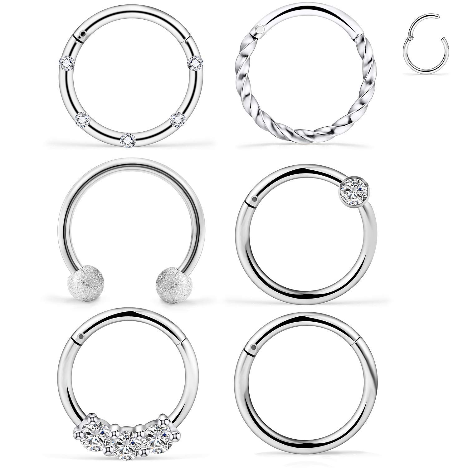 16G 6PCS Stainless Steel Septum Nose Rings Hoop Clicker Ring Lip Cartilage Tragus Helix Earrings Hoop Ring Piercing Jewelry Diameter 10MM - Silver