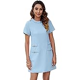Ladyful Womens Tweed Jackie Dress Short Sleeve Elegant Crew Neck Business Party Vintage Button Bodycon Mini Jackie Dress