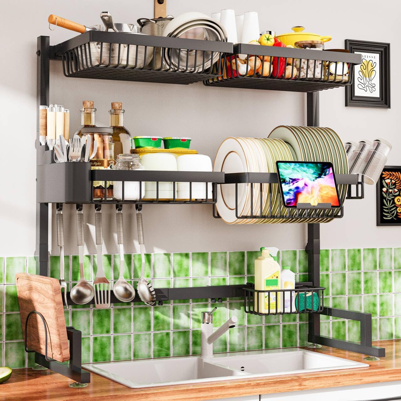 Photo 1 of ilvvan Over The Sink Dish Drying Rack 27-40L x 12W x 32.5-37H (inches) (Expandable Height and Length) Snap-On Design 2 Tier Large Dish Rack