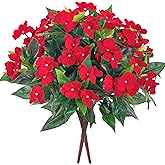 Uqueeten Fake Flowers Artificial Flowers for Outdoor,Artificial Plant Artificial Impatiens Bouquet Flowers for Outdoors Decoration,Silk Spring Artificial Plants for Outdoors Indoor Decor 2PCS (Red)