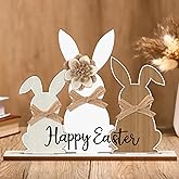 Colingmill Easter Table Decoration Bunny Wooden Table Centerpiece Happy Easter Signs with Rustic Burlap Bow Flower Rustic Tiered Tray Decor Farmhouse Natural Wood Decor for Spring Party