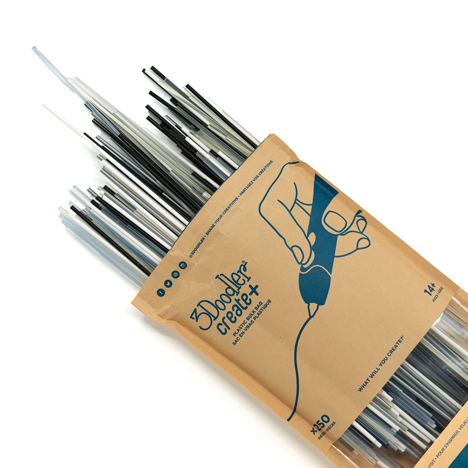 3Doodler Create PLA 3D Printing Filament Refill Bag (x250 Strands, Over 2000’ of Extruded Plastics!) - Clearly Glacier