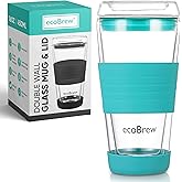 ecoBrew Double Wall Glass Tumbler with Lid, Glass Travel Mug, Dishwasher Safe & Microwavable Clear Coffee Tumbler To Go, Reusable Ceramic Cup with Lid (Bright Aqua, 16oz)