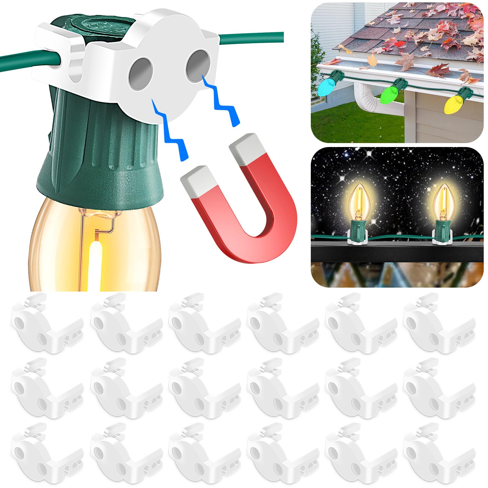 Photo 1 of 110PCS Magnetic Christmas Light Clips, C7/C9 Christmas Light Clips, Extra Strong Magnetic Christmas Lights Hooks for String Light Outdoor Patio Lighting, Metal Surface Roof Fence Railing Gutter, Clear