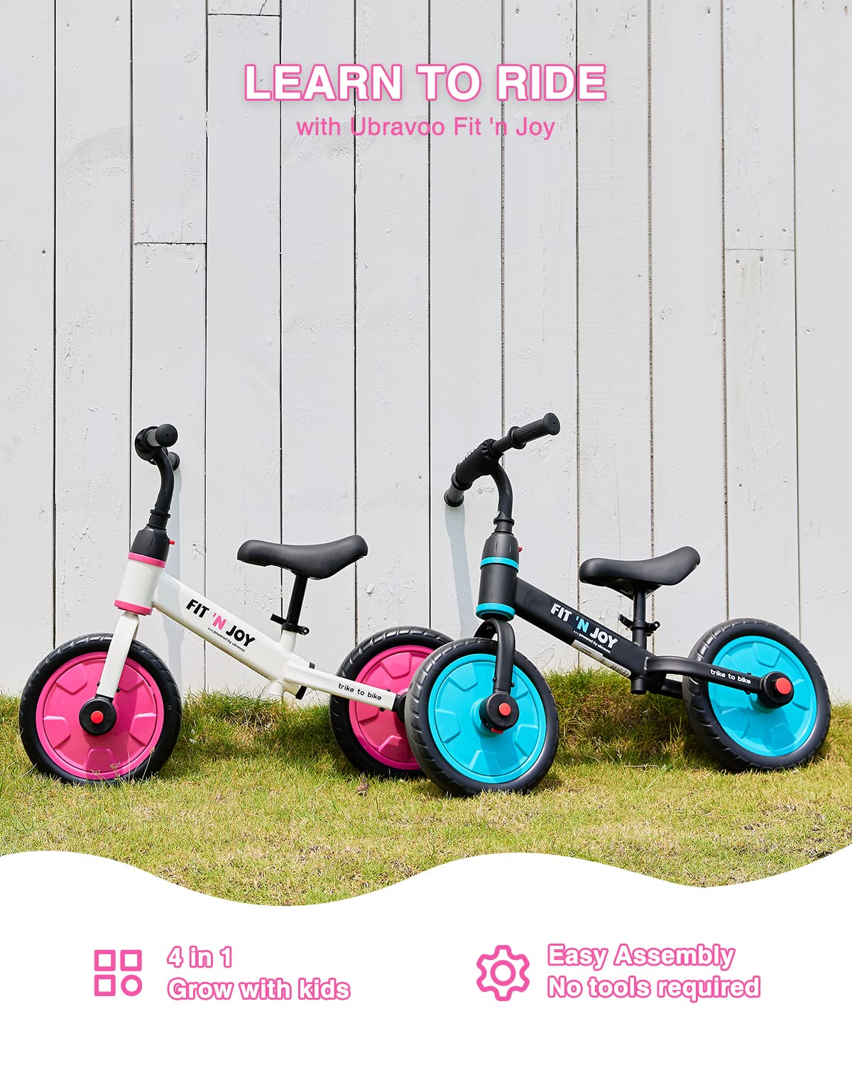 UBRAVOO Trike to Bike Riding Tricycles for Boys Girls 2-5, Fit 'n Joy Kids Balance Bike with Pedals & Training Wheels Options, 4-in-1 Starter Toddler Training Bicycle