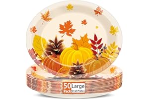 QYEAHKJ 50 PCS Thanksgiving Oval Paper Plates Large 11” Disposable Thanksgiving Fall Party Decorations Heavy Duty Fall Maple Leaves Pumpkin Dessert Plates Supplies for Thanksgiving Autumn Party Tableware Set
