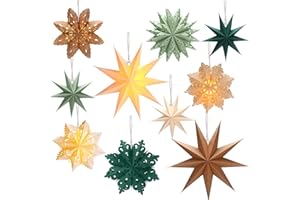 Leinuosen 10 Set Christmas Snowflake Paper Lantern Star Paper Lantern with 10 LED Lights Lamp Star Hanging Decor for Party Xmas Weddings New Year Birthday Celebration Decorations(Multicolor)