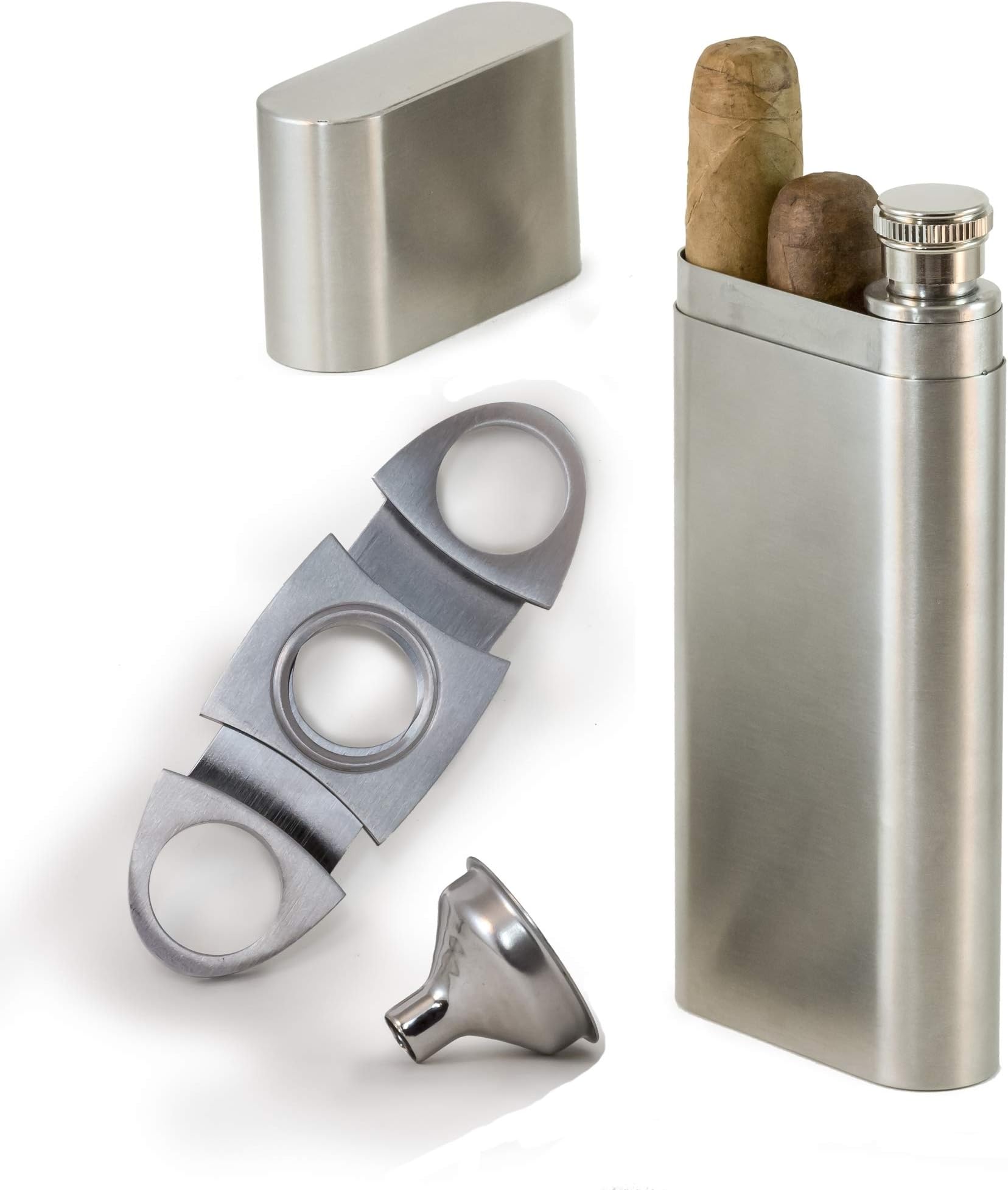 Perfect Pregame Cigar Flask Gift Set - 2 Cigar Holder and 2 Oz Stainless Steel Flask Combo - Includes Cigar Cutter and Funnel - Great Groomsmen Flask