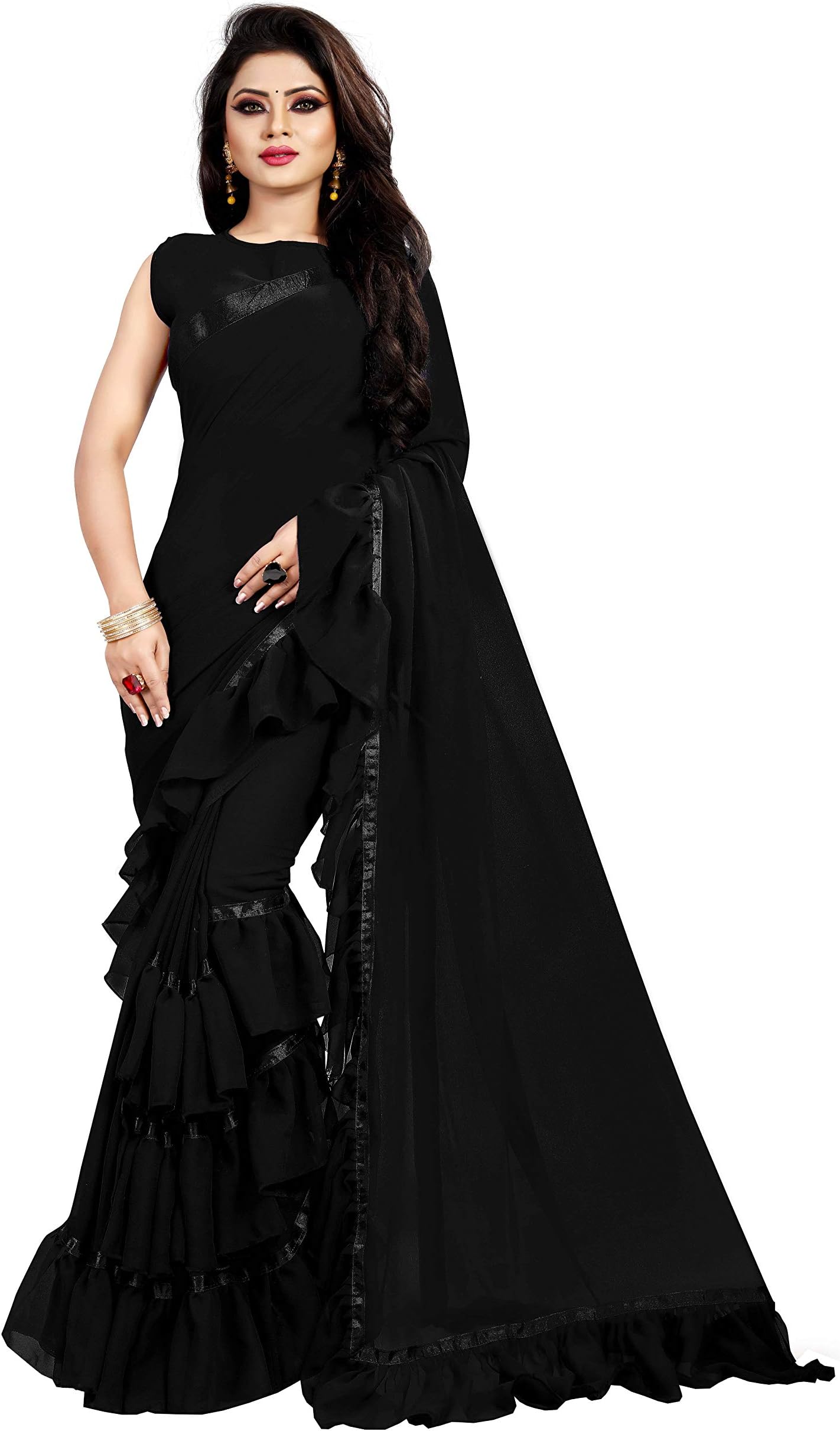 Vaishnavi Women's Frill Ruffle Georgette Plain Saree With Blouse