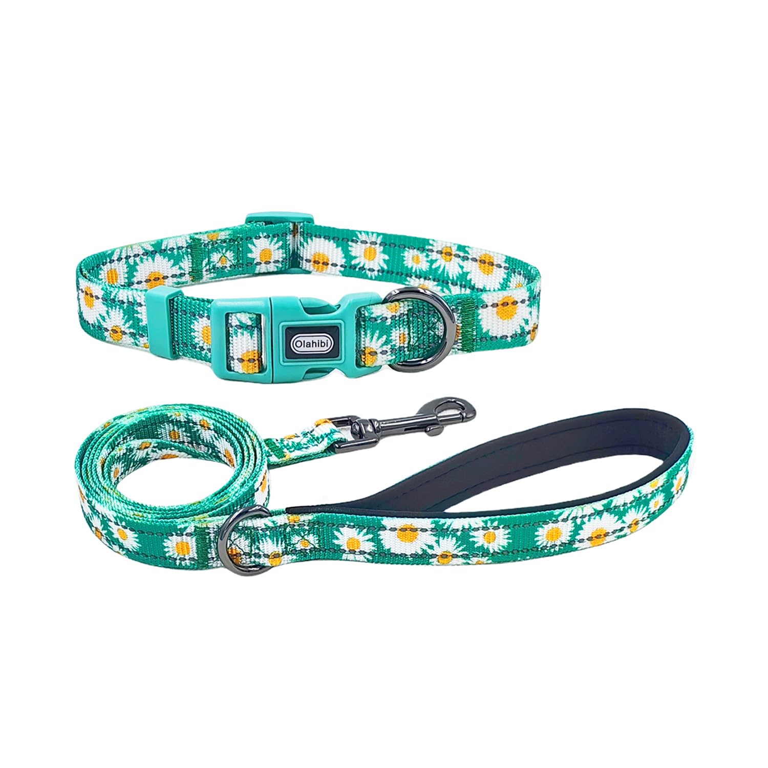 Olahibi Dog Collar and Leash Combo Set, Cute Daisy Pattern, Polyester Material, with Reflective Stripes, 150CM Leash, for Medium Dogs.(M, Green)