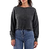 Amazhiyu Womens Pullover Washed Cropped Sweatshirt Crew Neck Fall Crop Top
