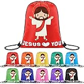 SilTriangle 20 Pcs Jesus Loves You Drawstring Backpack Bulk Religious Bags Christian Gift Cartoon Polyester Backpack