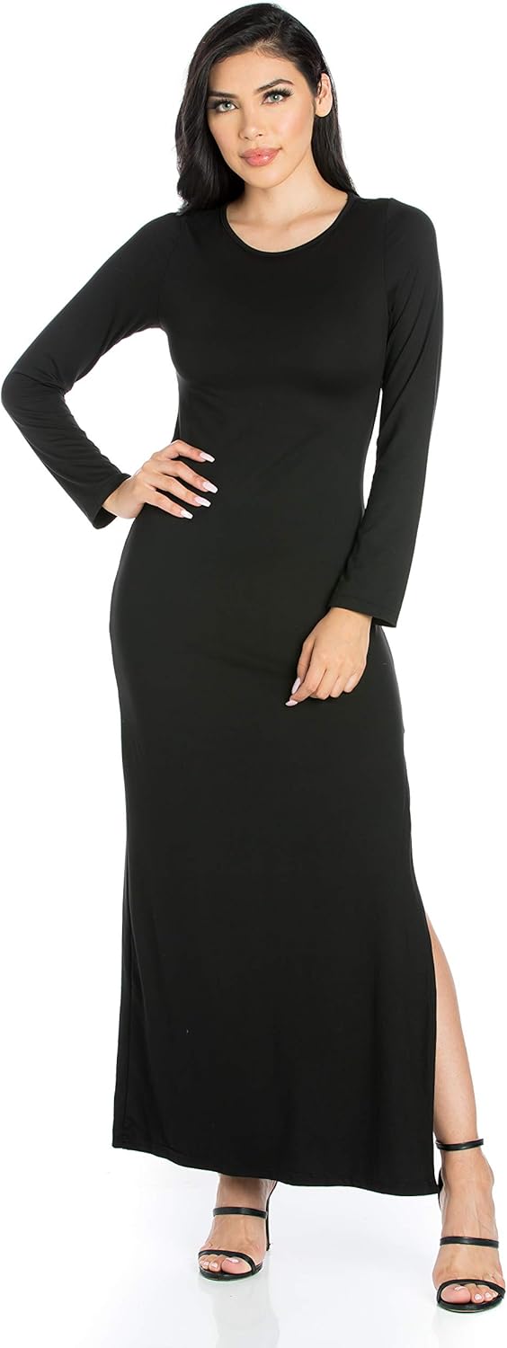 24seven Comfort Apparel Long Sleeve Side Slit Fitted Black Maxi Dress at Amazon Womenâs Clothing 