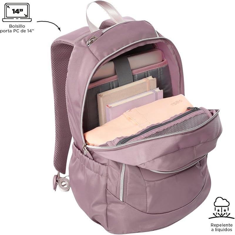 - Mochila para portátil de 14 polegadas, Goctal modelo 2.0, mochila de escritório e instituto, 3 compartimentos, bolso para garrafa, encosto ergonómico, alças confortáveis em S, cor lilasé de recordação