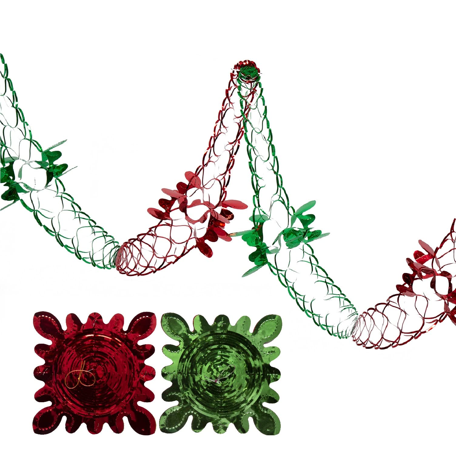 Simply Products 2 Pk Foil Garland Flower - Christmas Hanging Decoration Wall Ceiling Xmas Deco (Dark Green & Red)