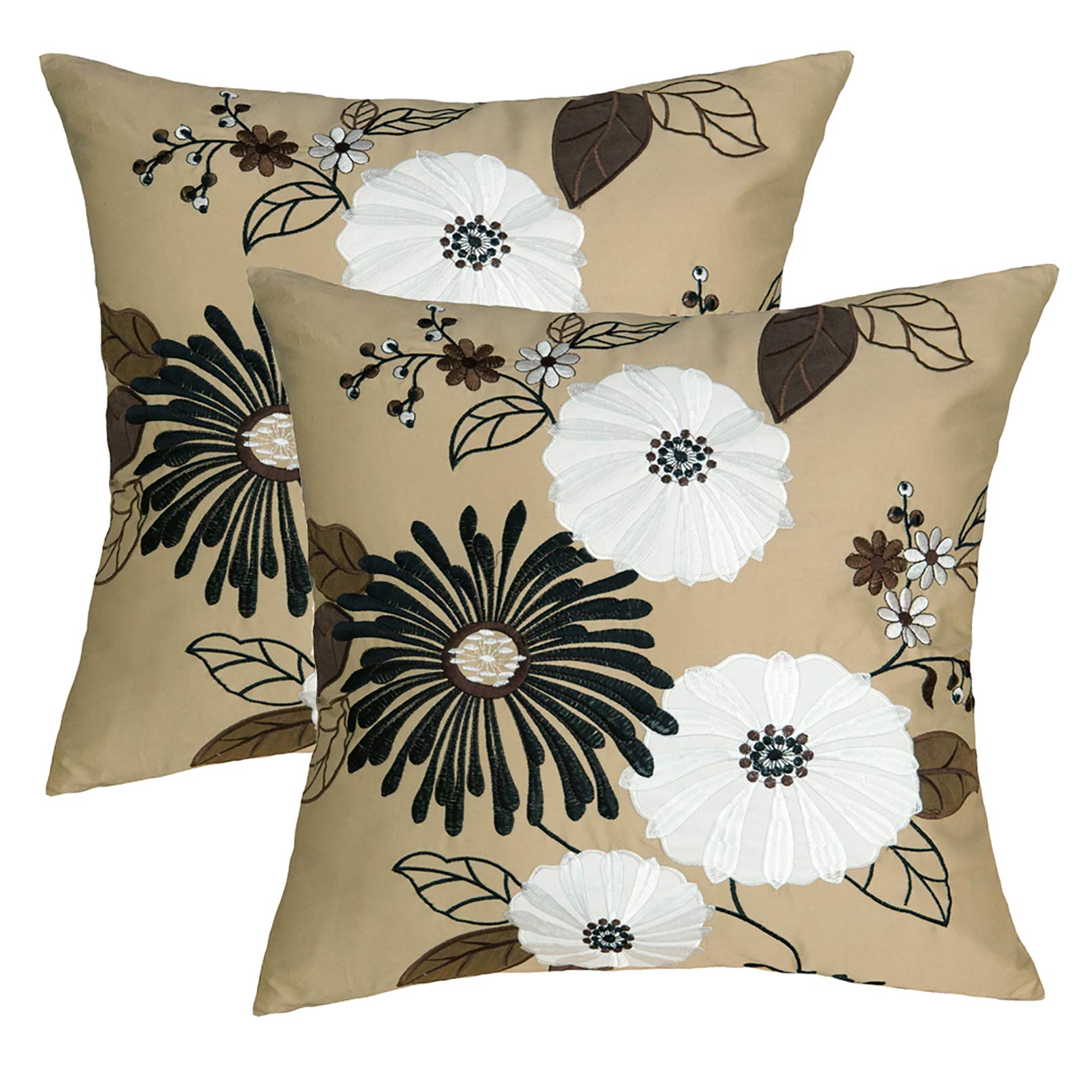 Floral Cushion Cover 2PCS PACK Decorative Couch Pillowcase Black/White/Brown Blooming Flower Traditional Handmade Appliquéd Embroidered Cotton Sateen County Floral Autumn Farm House Festive Decor