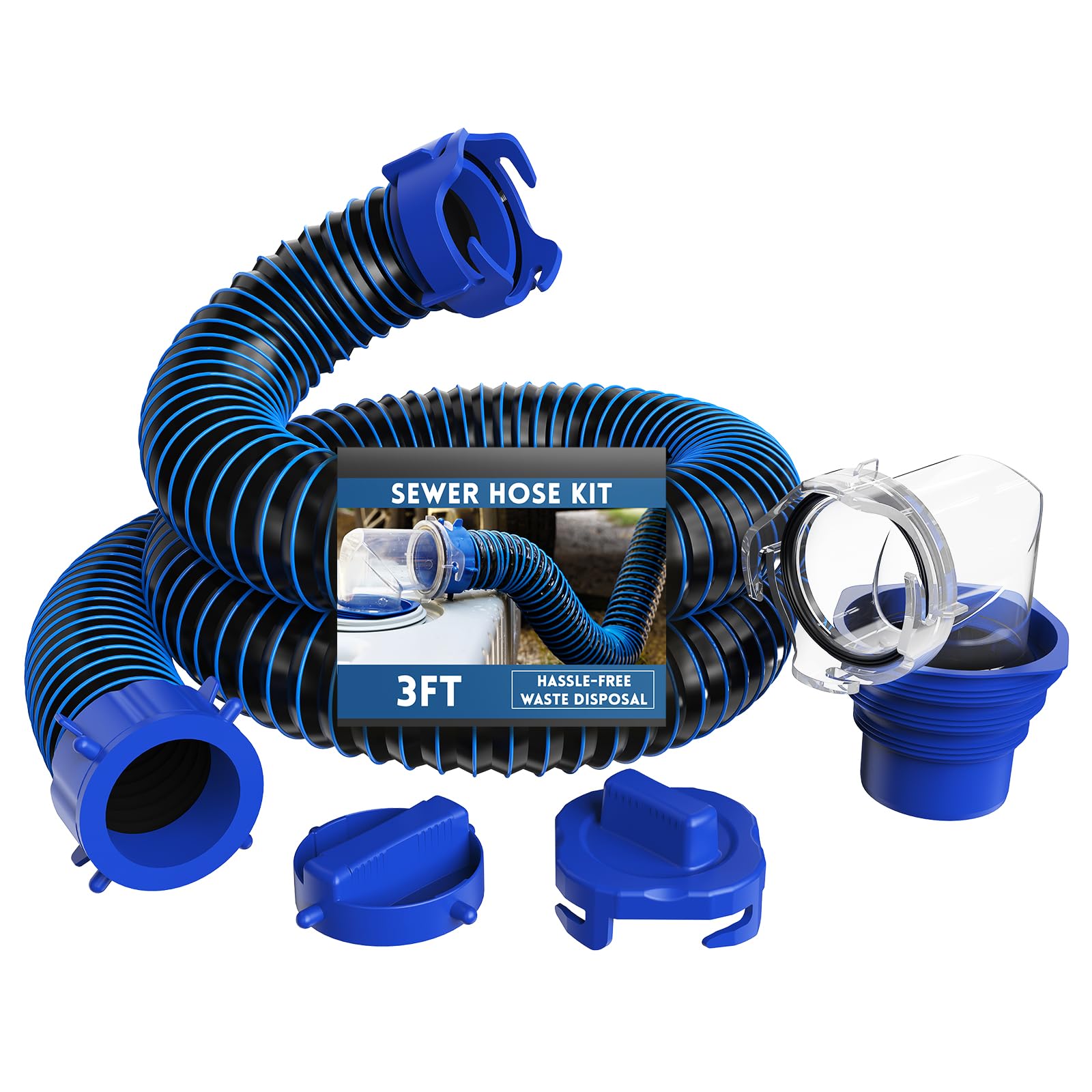 Photo 1 of DUMPMAN RV Sewer Hose 3 Ft, Sewer Hose for RV Camper RV, Sewer Hose Kit with Swivel Fitting - Includes 90 Degree Clear View Sewer Adapter, and 2 Storage Caps