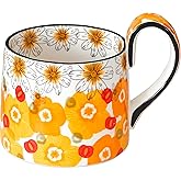 Ceramic Coffee Mug, 12oz Cute Floral Coffee Mugs with Large Handle, Orange Flower Design Stoneware Tea Cup for Office and Home
