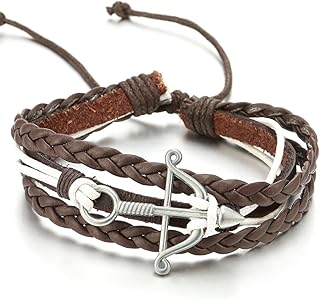 COOLSTEELANDBEYOND Pfeil und Bogen Weiß Baumwolle Braun Geflochtene Leder Armband, Multi-Strang Herren Damen Wickeln um Strap Schweissband