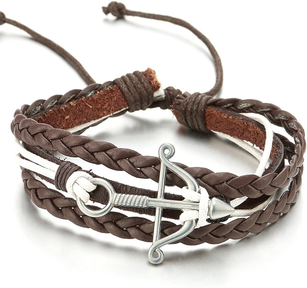 COOLSTEELANDBEYOND Pfeil und Bogen Weiß Baumwolle Braun Geflochtene Leder Armband, Multi-Strang Herren Damen Wickeln um Strap Schweissband
