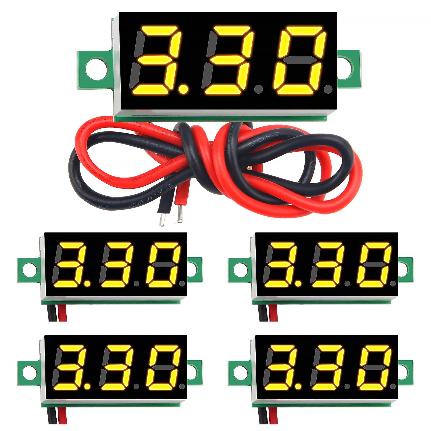 YIXISI 5 PCS DC 2.4-30V Gauge Tester 0.28", 2 Wires Mini Digital LED Voltmeter Display with Reverse Polarity Protection and Accurate Pressure Measurement Voltage Tester (Yellow）
