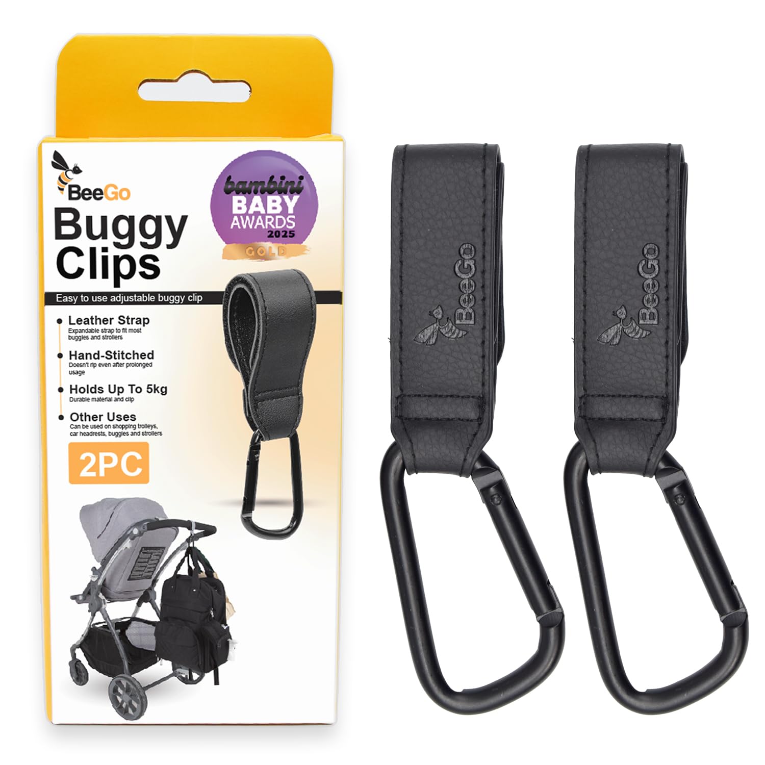 BeeGo® Buggy Clips – 2025 Award-Winning Stroller & Pram Hooks for Bags, Strong Pushchair Clips for Shopping Bags & Nappy Bags (2 Pack, Black)