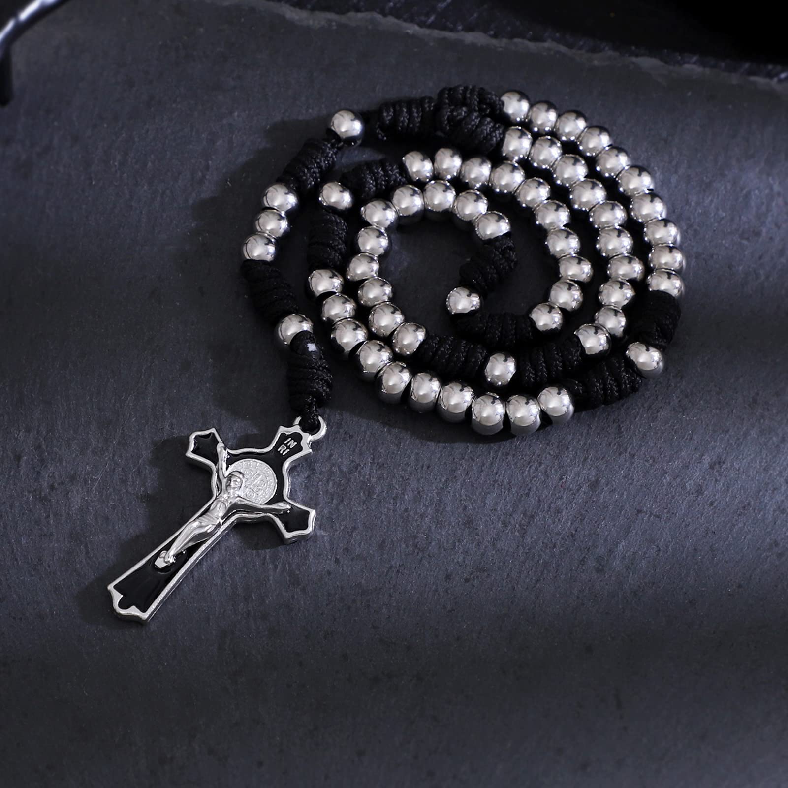 KOMI KOMI 8mm Stainless Steel Rosary Beads Rugged Durable Paracord Rosary for Men Handmade Catholic Beads Rosary with Crucifix Rosarios Catolicos Para Hombre
