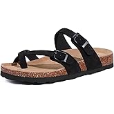 Litfun Women's Genuine Suede Cork Footbed Sandals Comfortable Summer Slides with Adjustable Buckle