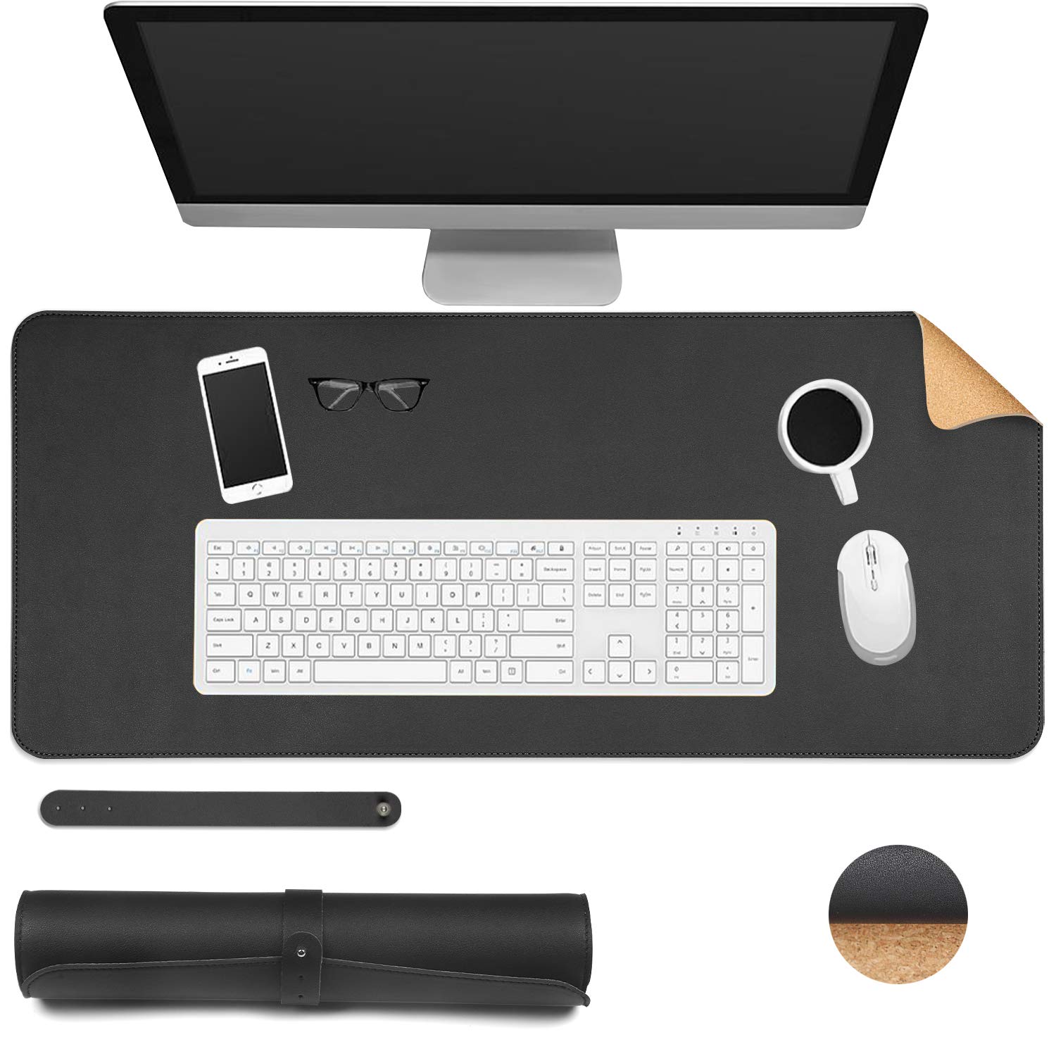 Ewolee Desk Pad, Office Desk Mat 70 * 30cm Natural Cork PU Leather Desk Protector Mat Non-Slip Waterproof Laptop Keyboard Mouse Mat for Office Home School(Black + Cork)