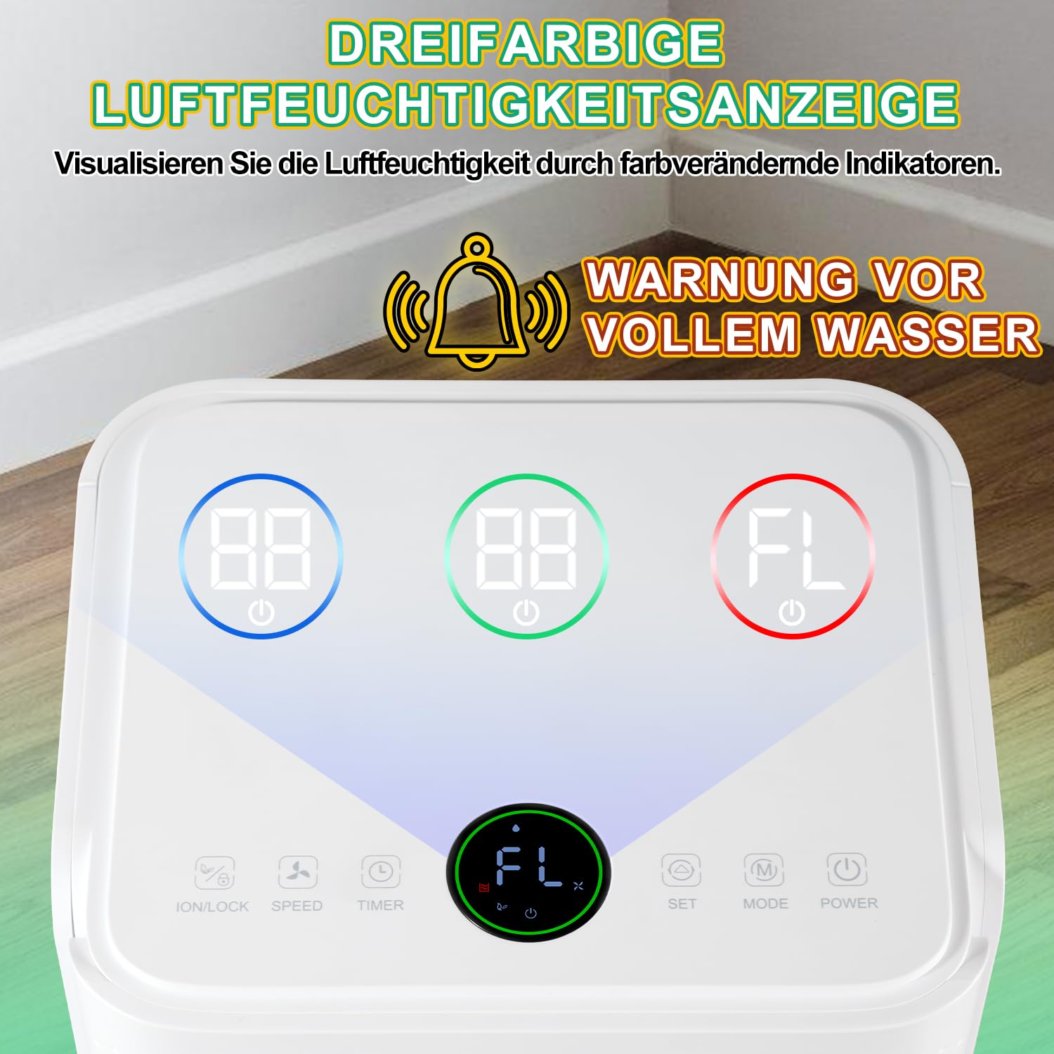 EINFEBEN Luftentfeuchter 16L/24h Entfeuchtungsleistung - für Raumgröße ca. 160m³ (~60 m²)- mit 4 Betriebsarten, Farbtemperatur-Tipps, Ablaufschlauch, Timerbetrieb, Abtaufunktion