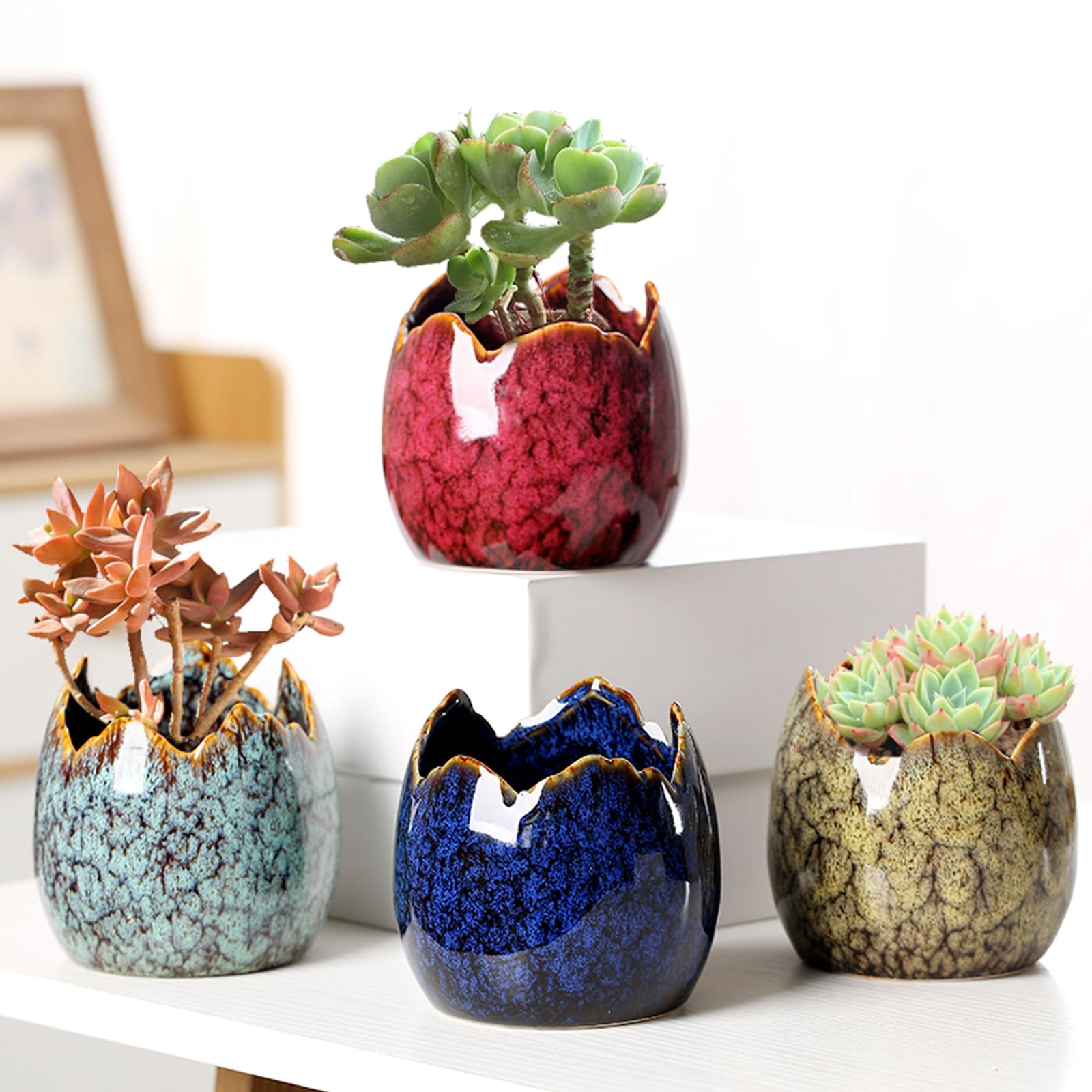 kiss me Succulent Pots with Drainage Set of 4, Unique Dragon Egg Shell Design Ceramic Small Flower Pot 8CM Cactus Planter Pots Mini Cacti Planter Home Office Windowsill Decor (Dragon Egg)
