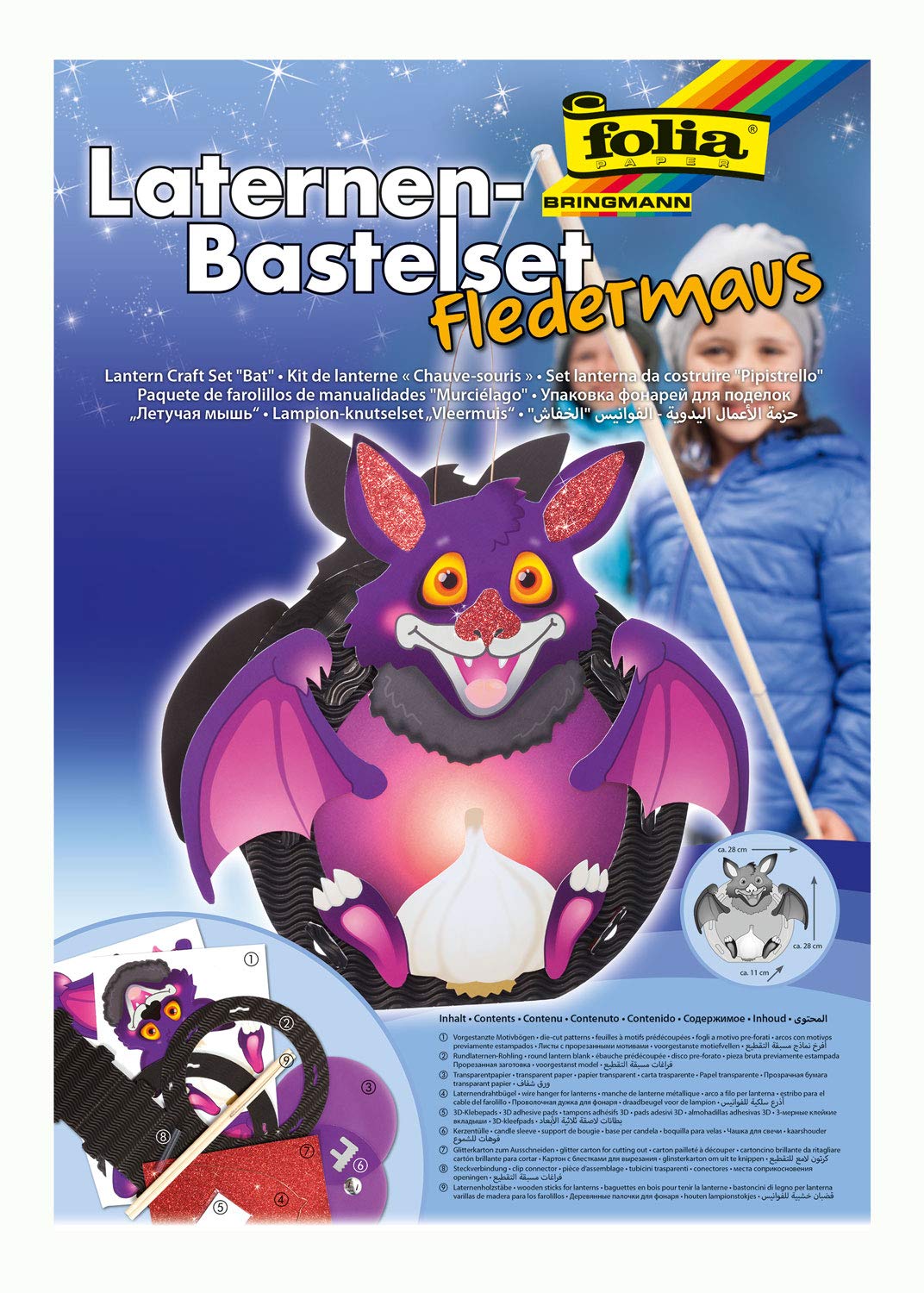 Folia 94108 Fledermaus Craft bat, Approx. 28 x 28 x 11 cm-Complete Set for Creating a Beautiful Lantern, Multicoloured, Bastelset