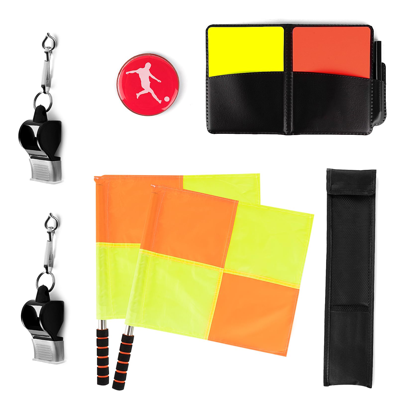 Linkidea LinkideaFootballReferee Starter Kit, Checkered Linesman Flags, Referee Cards with Record Book and Pencil, Referee Whistle and Toss Coin for Football