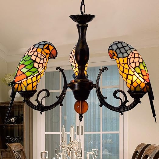 Led Tiffany Style Parrot Chandelier 3 Heads Stained Glass Pendant
