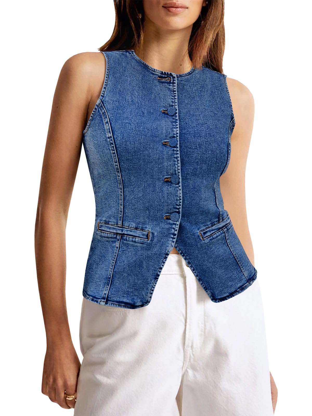 Photo 1 of Tankaneo Womens Button Down Denim Vest Tops Sleeveless Fitted Jean Tank Tops Summer Trendy Casual Waistcoat large