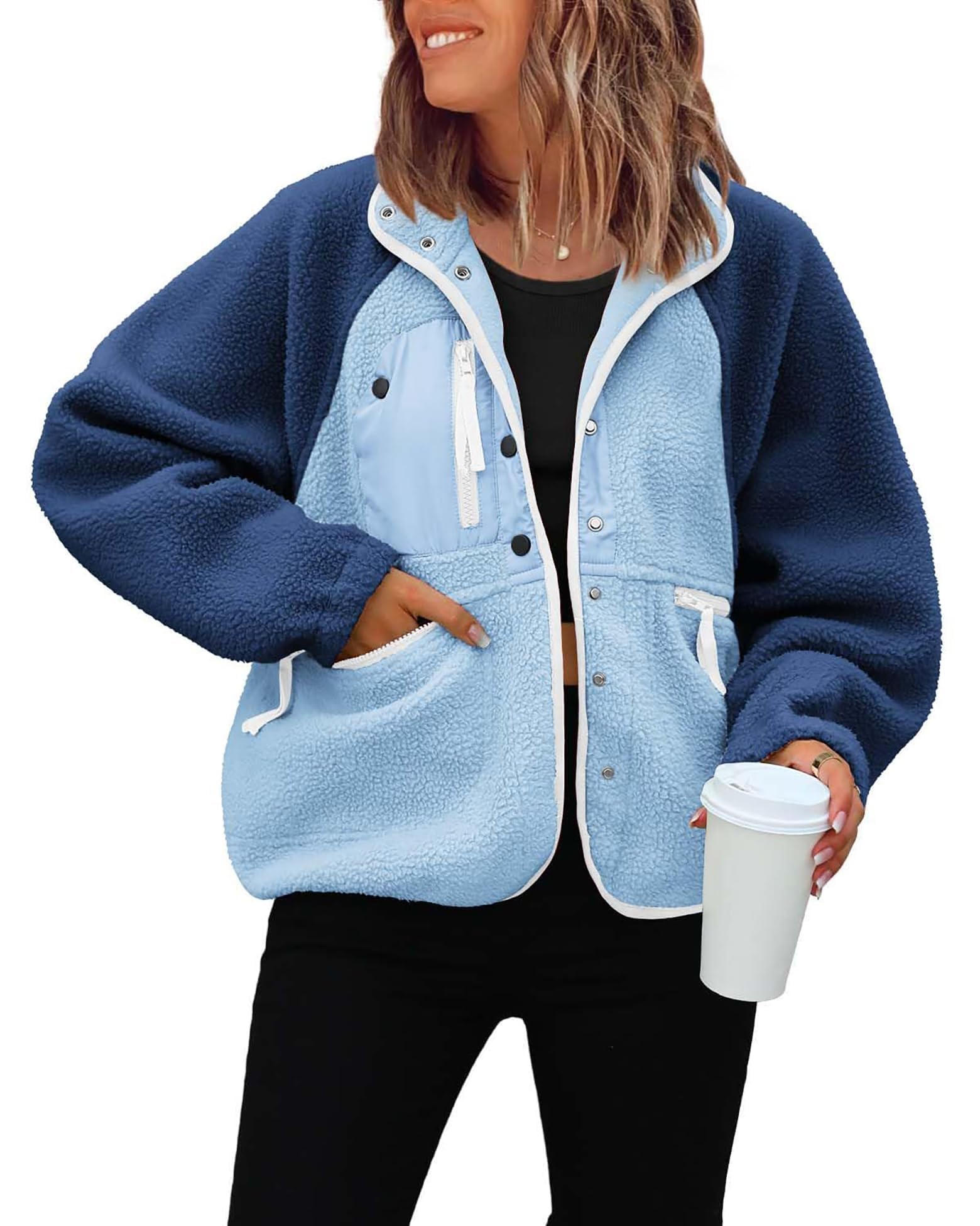 Photo 1 of ReachMe Womens Fleece Jacket Cropped Sherpa Jackets Casual Long Sleeve Button Down Winter Coats 2025 Colorblock Fall Outfits(Navy Blue,L)