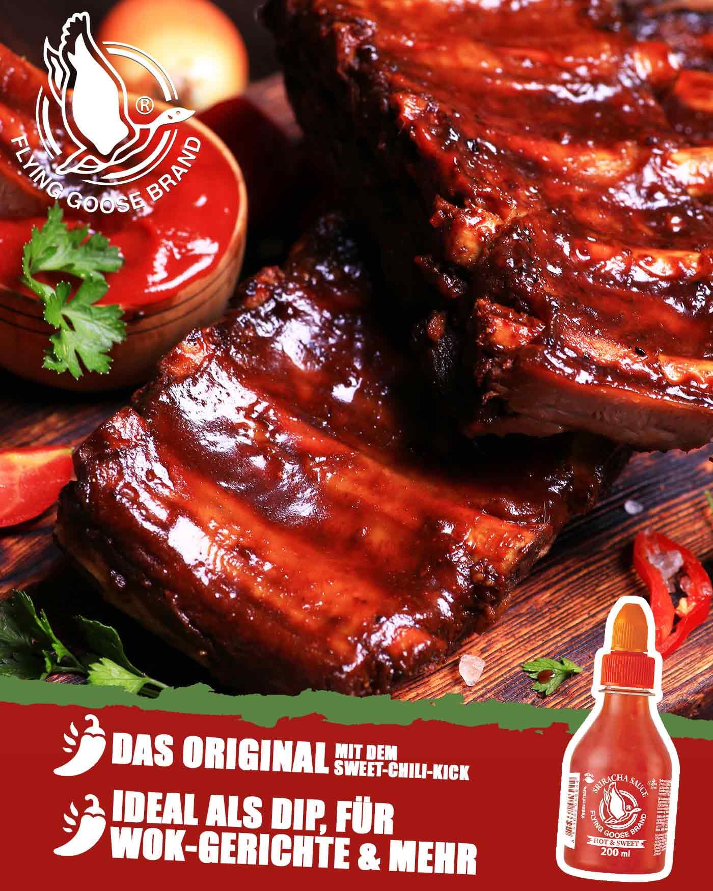 FLYING GOOSE Sriracha Chilisauce, scharf & süß, orange Kappe, scharfe Würzsauce aus Thailand, vegan, glutenfrei, 1 x 200 ml 5