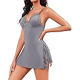 ETOSELL Women Sexy V-Neck Babydoll Lace Trim Sleepwear Spaghetti Strap Lingerie Nightgown Romantic Chemise with Thong