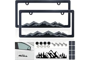 BGGTMO Mountain License Plate Frames- Gray on Black Mountain Raised, Plastic Car Tag Holder Bracket with Screws Caps, 2 Packs 2 Hole with Mountain Vinyl Sticker