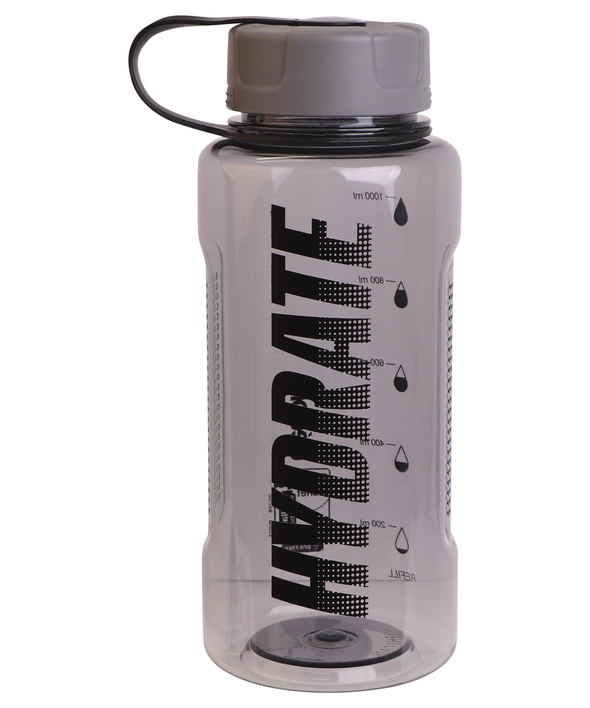 Décor Hydrate BPA-Free Reusable Gym Water Bottle, 1.2L Grey, Eco-Friendly, Lightweight, Durable, Dishwasher Safe, Leakproof, Convenient Carry Handle, Unisex Sports Drinking Bottle