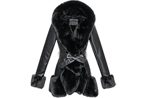 GRAN ORIENTE Women's Faux Leather Coat with Faux Fur Collar,Winter Warm Belted Mid Length Trim Jacket Fur Lined with Hood