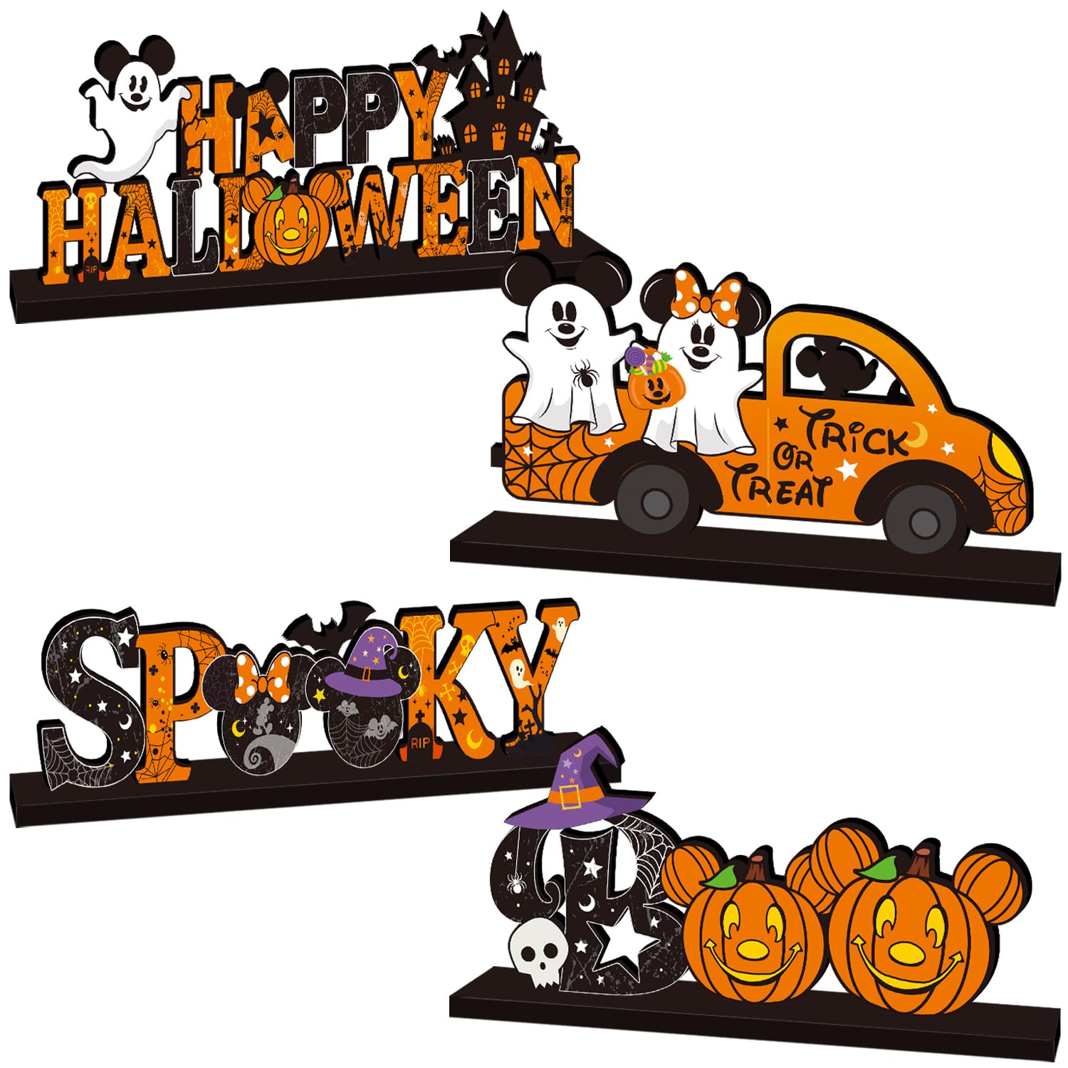 Photo 1 of 4pcs Halloween Table Decorations Mouse Wood Centerpieces Happy Halloween Party Decorations Spooky Ghost Trick or Treat Pumpkin Pattern Halloween Centerpieces for Tables