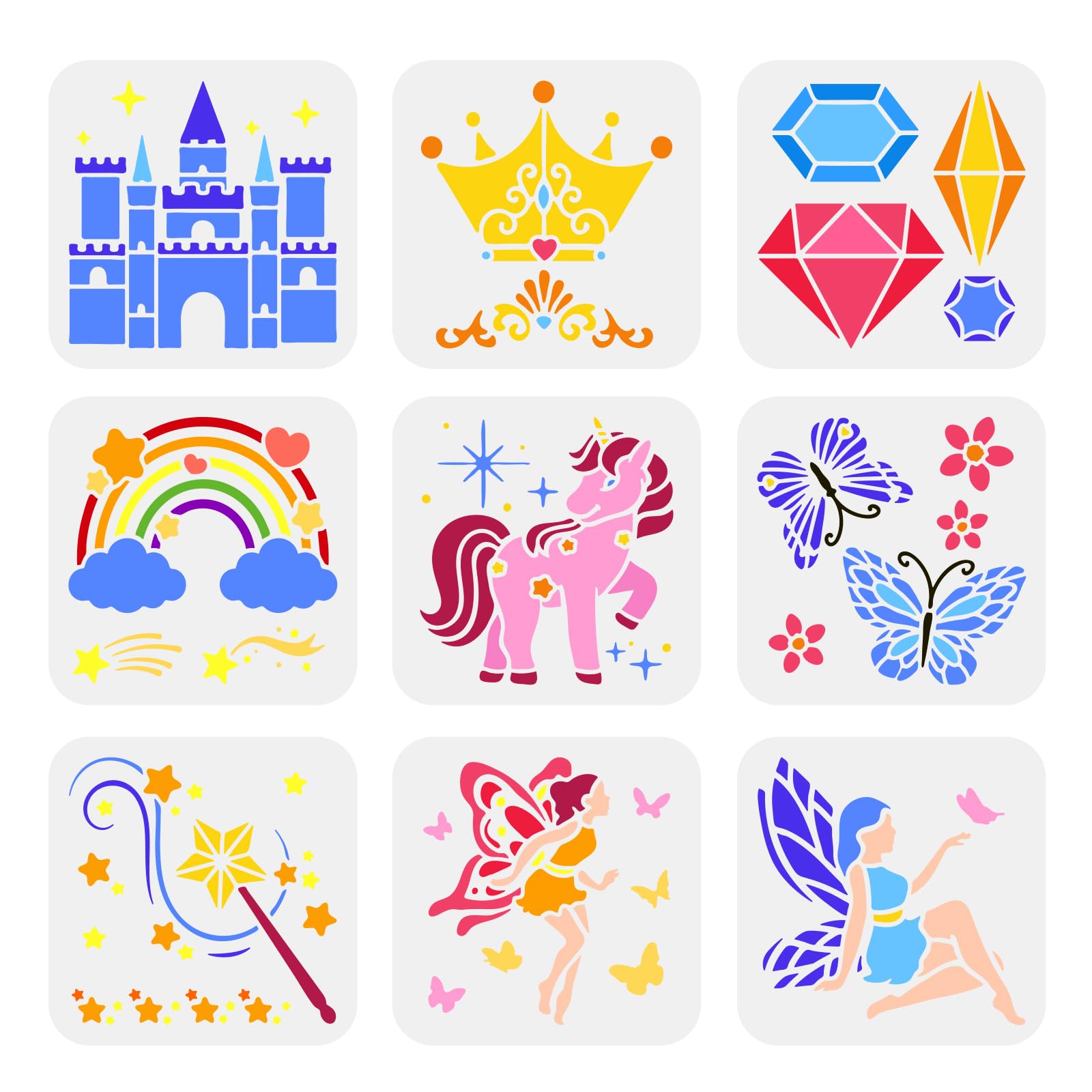 FINGERINSPIRE 9 Pcs Fantasy Theme Stencils 15x15cm Butterfly Stencil Plastic Unicorns Stars Fairies Castle Crown Magic Wand Pattern Stencil Sets Reusable Stencils for DIY Journal Scrapbooking