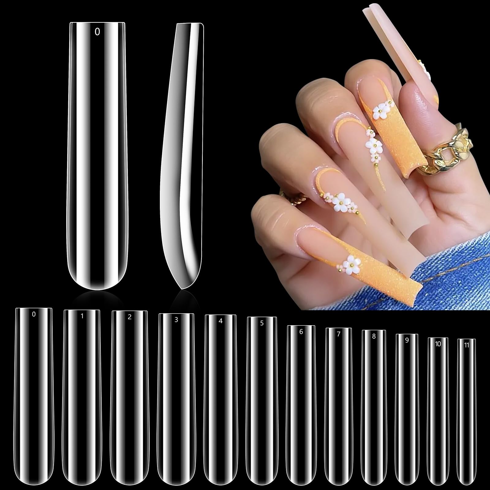 Adonafy Nail Tips for Acrylic Extensions: 240 Pcs Ballerina Acrylic Nail Tips for Women Girls - XXXL Square Nails for Salon Home Manicure - 12 Sizes