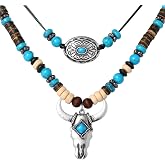 Jessica Simpson Beaded Layered Necklace for Women with Turquoise and Bull | Head Pendant 15