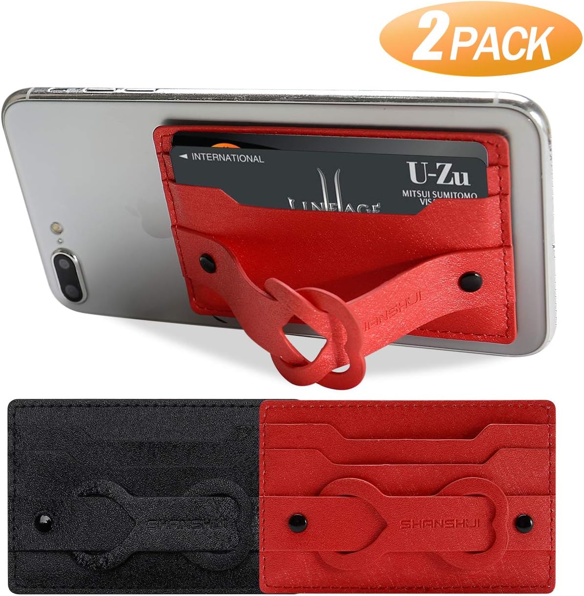 SHANSHUI Phone Card Holder, 2pack PU Leather Reusable Magic Gel Stick on Wallet with Grip Credit Card Drivers License Holder for ID/IC Cards Phone Pocket for Most Smartphones - Black Red