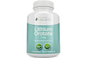 PURELY HOLISTIC Lithium Orotate 5mg, 180 Vegetarian Lithium Capsules, Supplement Lithium Orotate 5mg, 180 Vegetarian Lithium Capsules, Helps Maintain Healthy Mood, Behavior Memory and Wellness