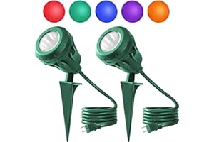 QITIM LED Christmas Spotlight Outdoor Plug in, 800LM Waterproof Flood Lights with 5 Extra Lenses (Red Green Blue Purple Orange), 5000K Landscape Light for Yard, Flag, Holiday Decor, ETL Listed, 2 Pack