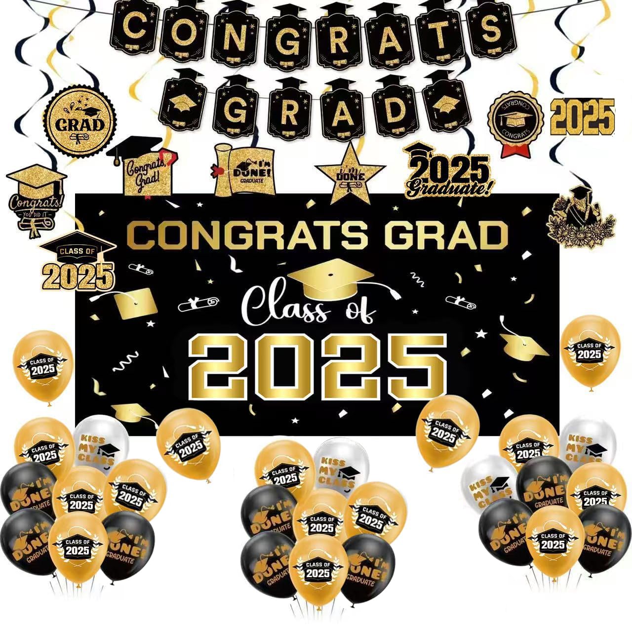 Photo 1 of 2025 Graduation Decorations, Black Class of 2025 Banner Hanging Swirl, Balloons and Honeycomb for Congrats Grad Party Decorations